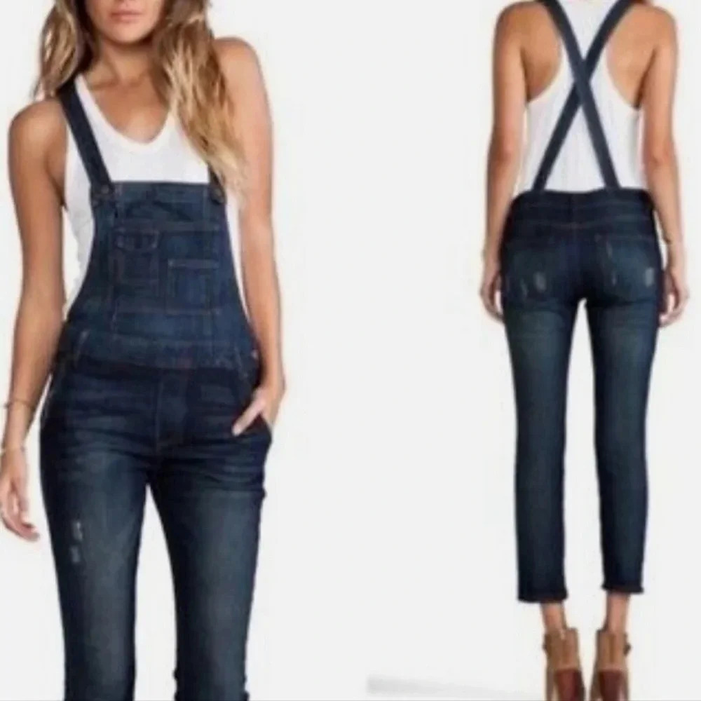 Free People | Backless denim Jean Overalls dark wash Stretch Women 24 adjustable